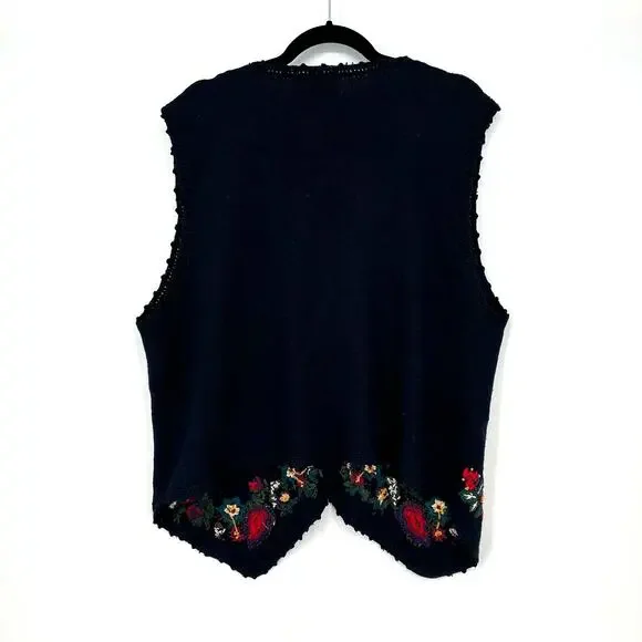 90s Vintage Sweater Vest Womens XL Navy Blue Floral Cottage Cabin Embroidered - Picture 3 of 7